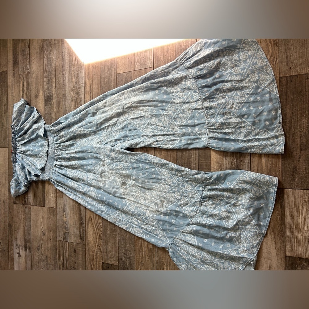 SCULLY bandana jumpsuit flare wide legs- light blue paisley ruffle strapless - Picture 3 of 9